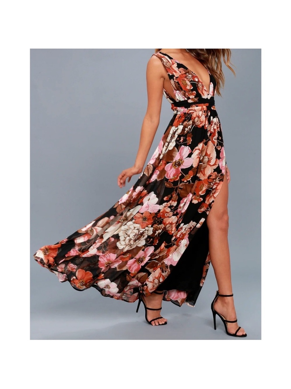 Lulus GARDEN MEANDERING BLACK FLORAL PRINT MAXI DRESS plunge neck pleated waist
